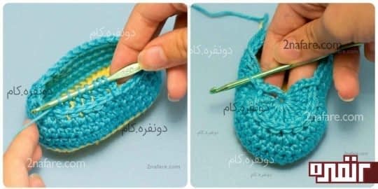 برای جمع شدن بالای کار از وسط کار تا روبروی اون رو پایه بلند ببافید و همه رو در قلاب نگه دارید و در آخر یک زنجیره از داخل همه رد کنید.
