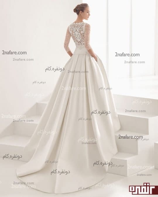 لباس عروس با دامن پفی ساده و دنباله دار