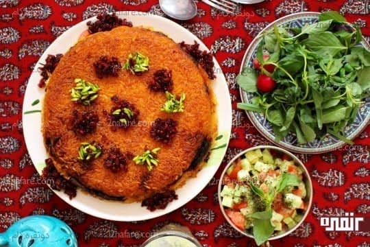 تهچین مرغ و بادمجان