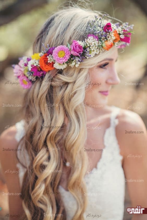 مدل موی عروس با تاج گل طبیعی